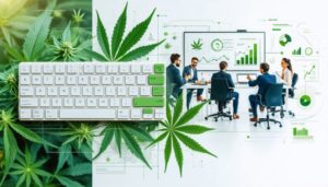 A creative depiction of cannabis business innovation, showing technology-driven solutions and strategic planning efforts in a modern office environment.