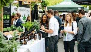 A dynamic scene of CBD entrepreneurs showcasing their products in a vibrant market setting, illustrating innovation and customer interaction with elements of hemp plants and educational content in the backdrop.