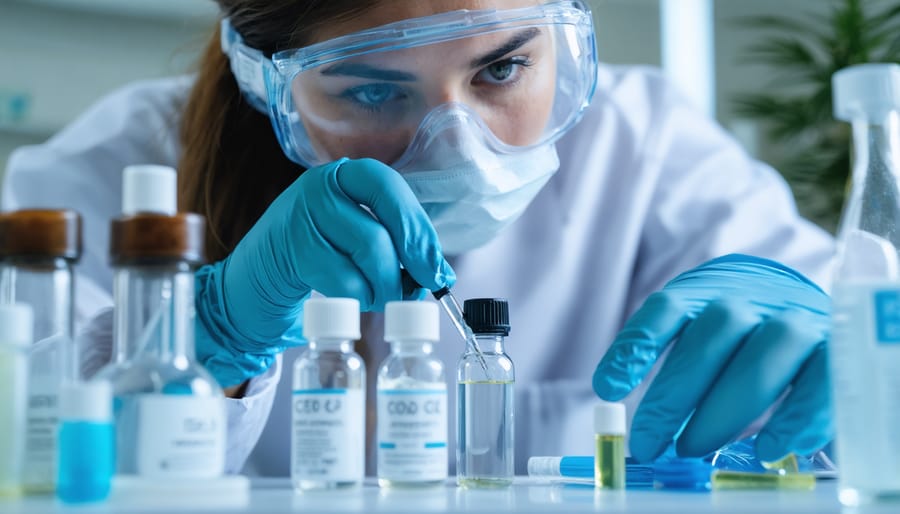 Scientist in white coat using chromatography equipment to test CBD purity