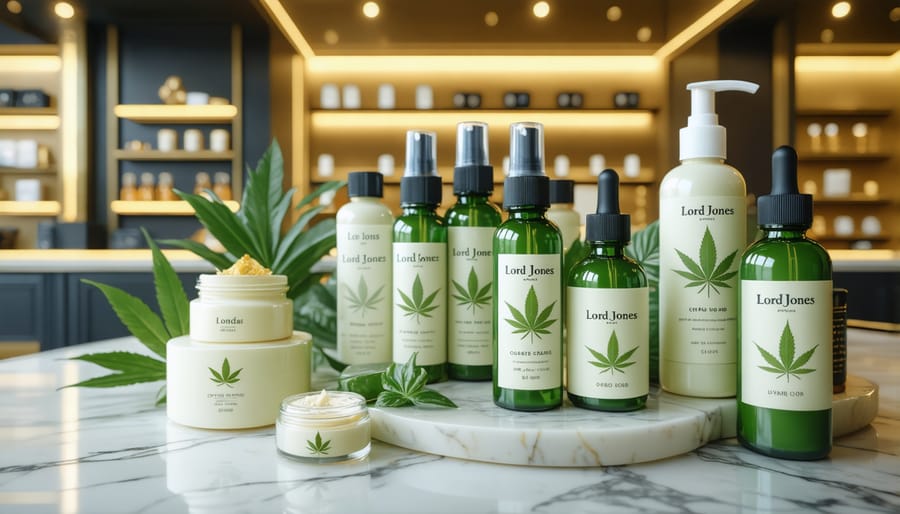 High-end display of Lord Jones CBD lotions and tinctures with gold accents