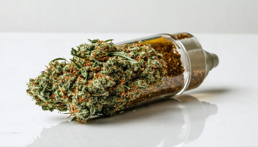 Hemp leaves and Delta-9 gummies on marble surface with legal documents