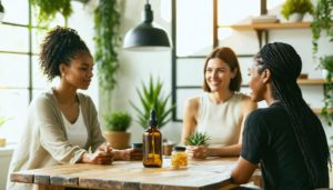 Startup founder presenting unbranded amber dropper bottle and gummy jar to two wellness practitioners at a wooden table in a sunlit yoga studio, with yoga mats, plants, and content-creation gear softly blurred in the background.