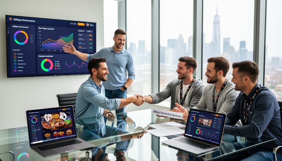 Business handshake over partnership agreement documents in professional office setting