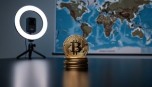 Close-up of a golden Bitcoin coin in a stack of plain casino chips on a black desk, with a blurred ring light, camera rig, and unlabeled world map in the background symbolizing influencer marketing and global targeting.