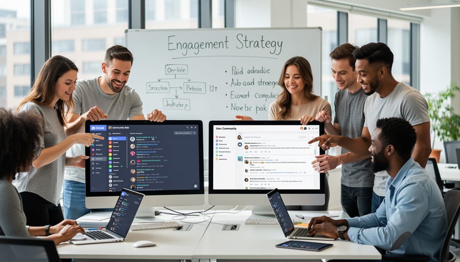 Group of people collaborating and engaging in community discussion around laptop