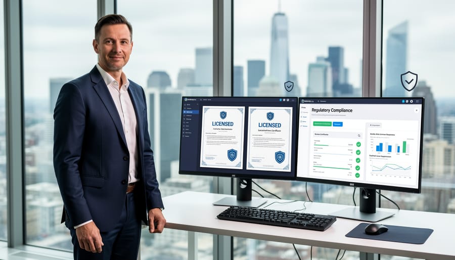 Official gaming licenses and regulatory certificates displayed on professional desk