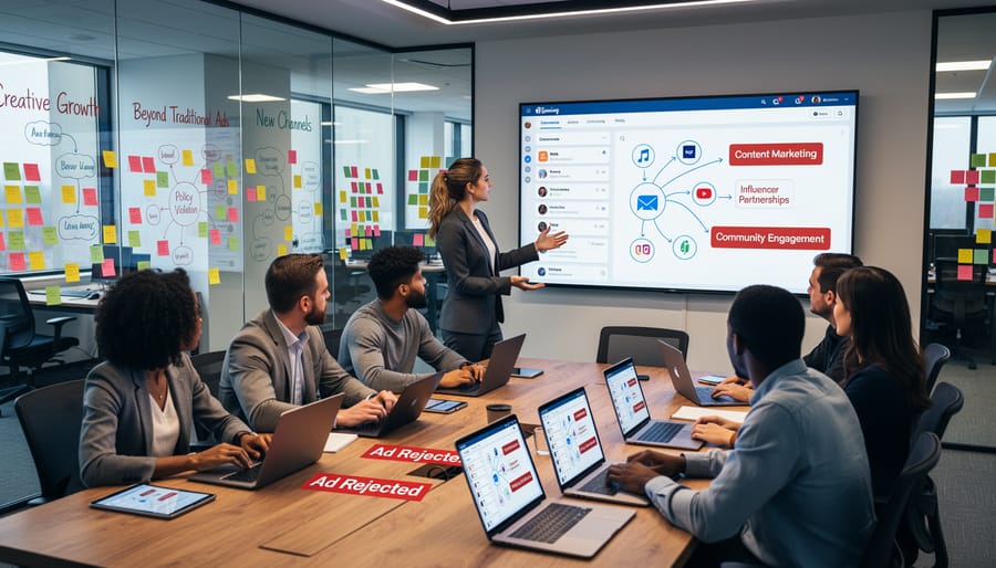 Computer screen displaying advertising restrictions and blocked content warnings