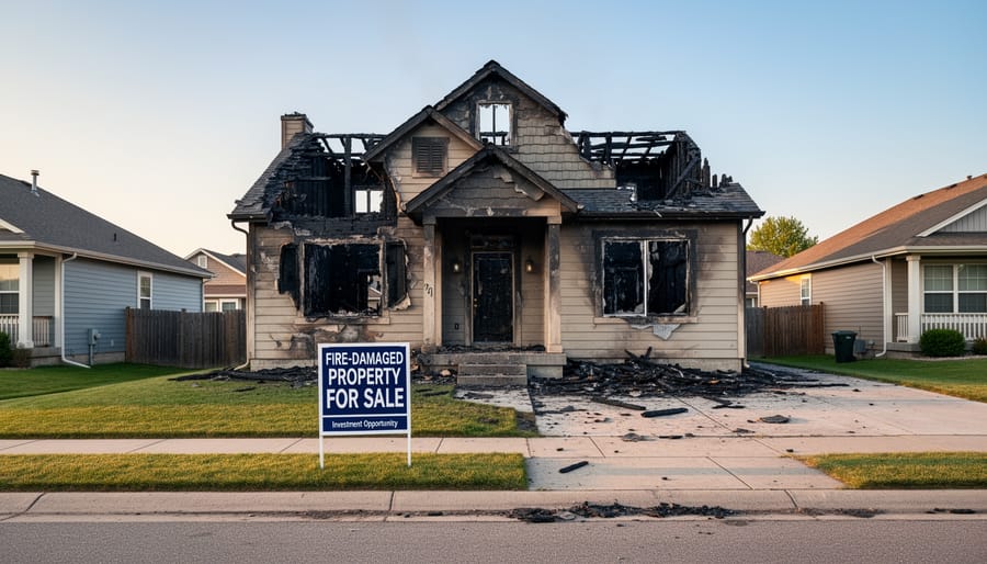 Residential house with visible fire damage to roof and exterior walls in suburban neighborhood
