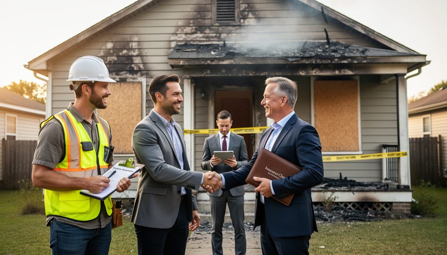 Team of entrepreneurs reviewing property documents and renovation plans in modern office
