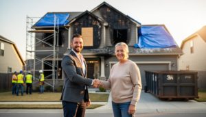 Startup real estate buyer shaking hands with a homeowner in front of a fire-damaged suburban house at golden hour, with blurred restoration crew, scaffolding, blue tarps, and a roll-off dumpster in the background