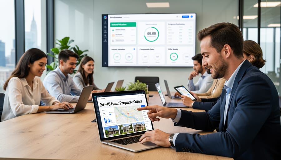 Entrepreneur working on laptop using digital tools for property evaluation and offers