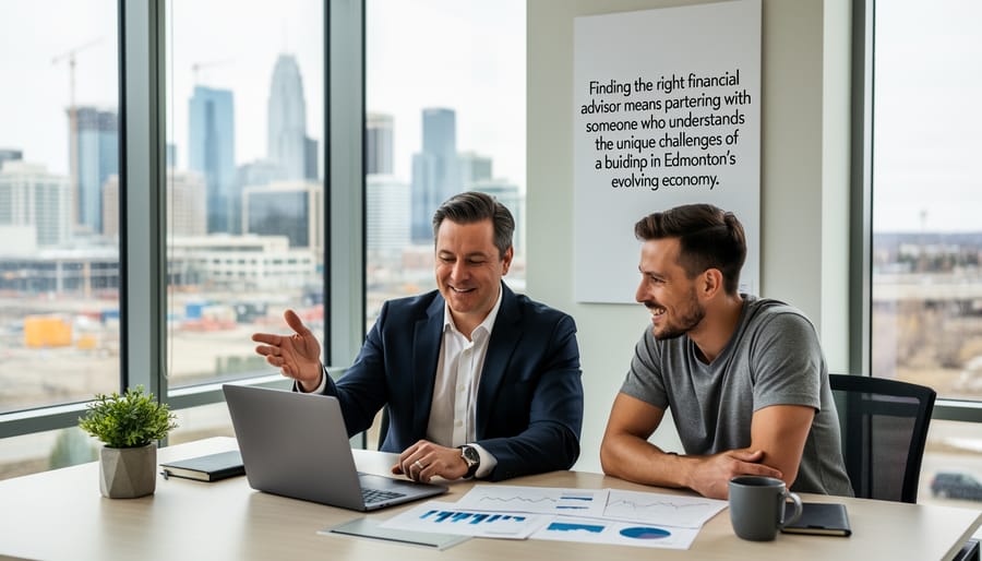 Startup founders meeting with financial advisor in modern Edmonton office