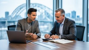 Startup founder and financial advisor collaborating at a conference table with a calculator and out-of-focus laptop, Edmonton skyline and Walterdale Bridge visible through large windows, soft daylight and shallow depth of field.