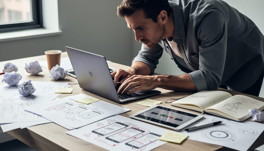Founder reviewing handwritten startup notes beside a laptop on a cluttered desk