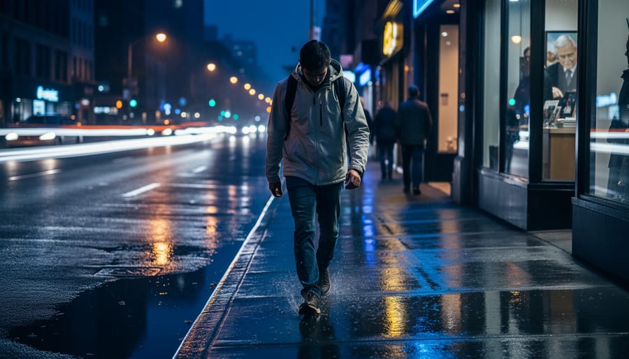Founder standing in a nighttime coworking space looking out the window while holding a binder and phone