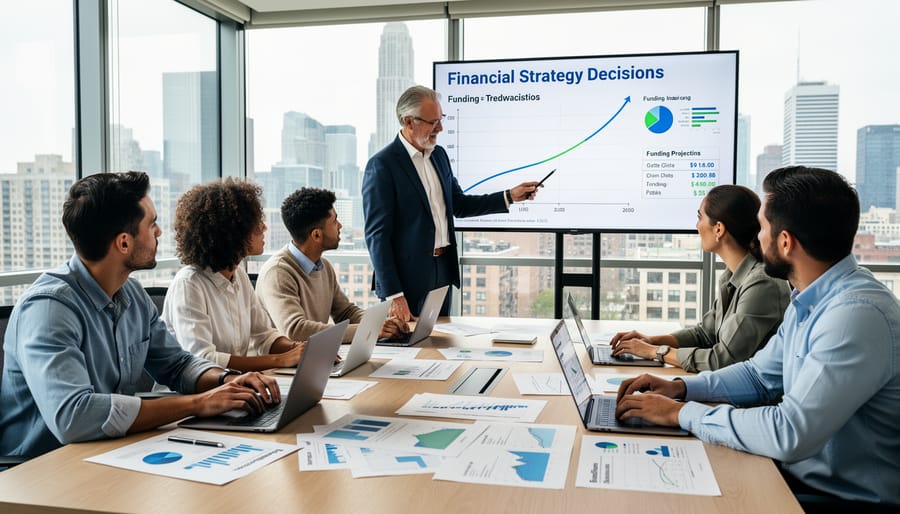 Startup team meeting around conference table discussing financial documents