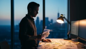 Founder silhouette in a late-night office lit by a desk lamp, with scattered startup materials and unreadable sticky notes in the background.