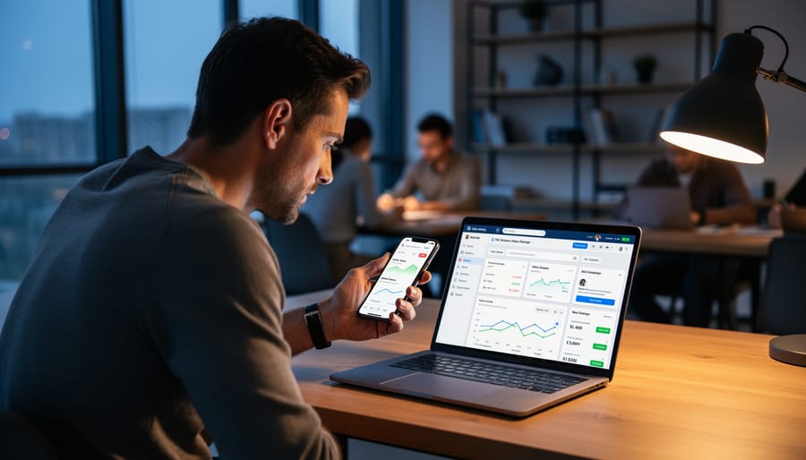 A startup founder using a smartphone and laptop in a modern office setting