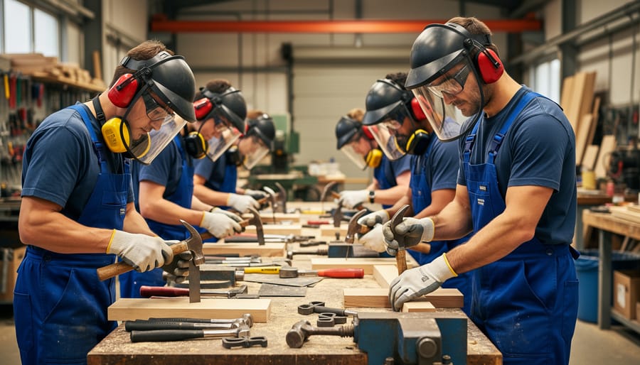 Apprentices in a Canadian trades workshop working hands-on on a metal duct section on a workbench.