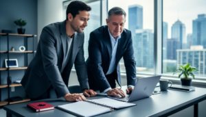 “Startup founder reviewing deal documents with a potential buyer in a modern Canadian office setting.”