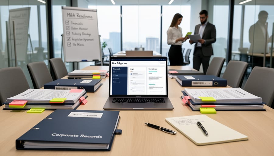 Documents and a pen on a meeting room table beside a closed laptop