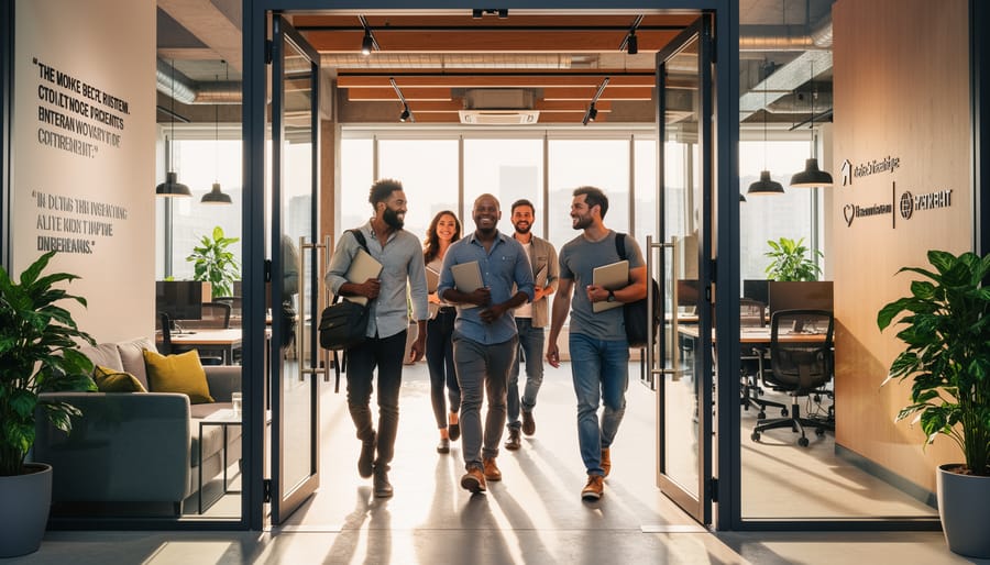Entrepreneurs entering a co-working space during golden hour with a tablet in hand