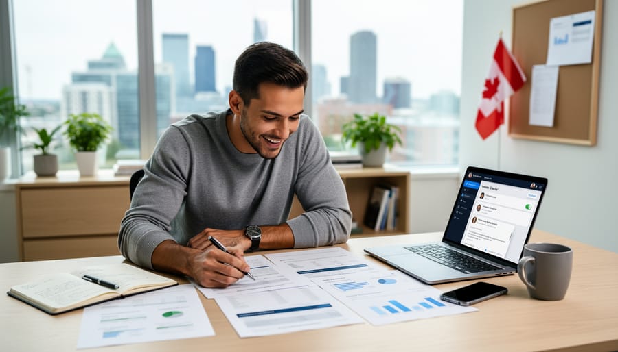 Founder holding a portfolio folder in a modern office while working on a laptop