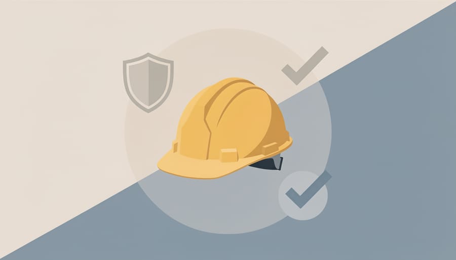 Hardhat on a workbench next to an open apprenticeship binder and safety glasses in a workshop.
