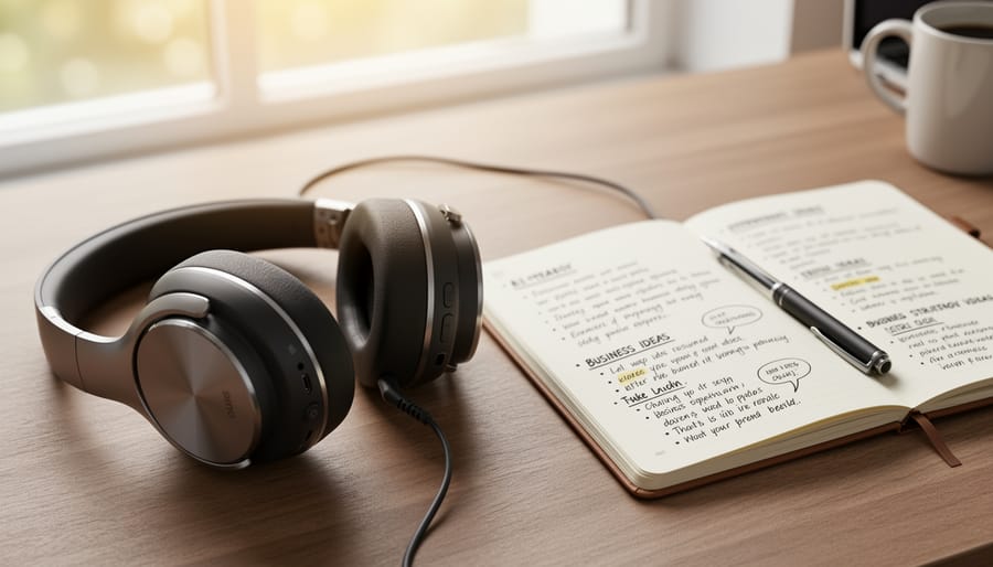 Headphones resting on a desk next to a notebook and smartphone with a blank waveform display