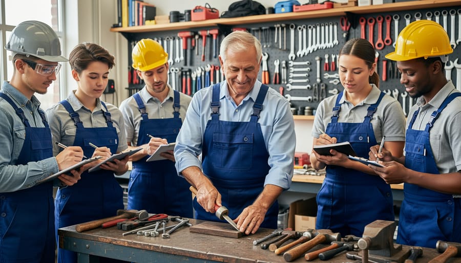Journeyperson electrician demonstrating wire terminations to apprentices at a workbench in a workshop.