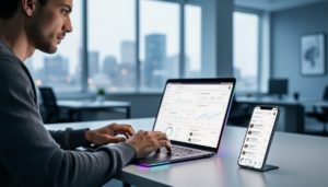 Entrepreneur working on a laptop and using a smartphone with glowing search results visuals, representing paid search marketing strategy.