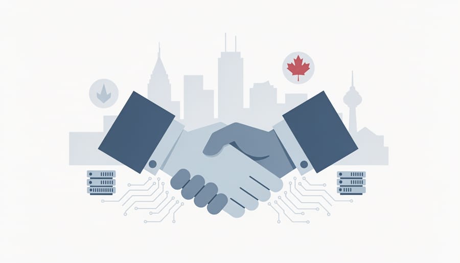 People shaking hands outside a glass-walled office