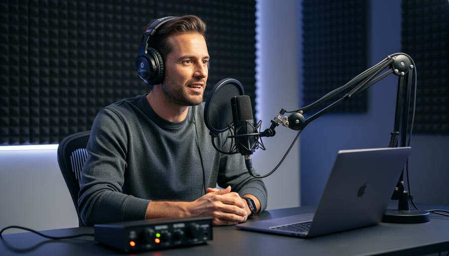 Person speaking into a microphone in a podcast recording studio with acoustic foam panels