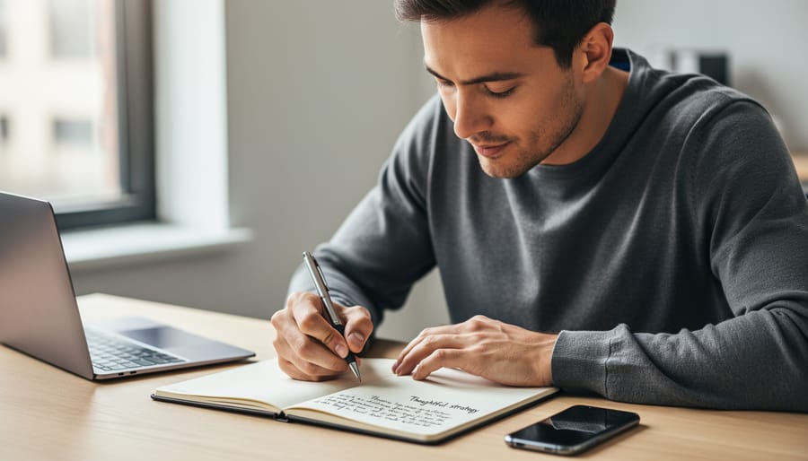 Founder writing on a notebook at a desk with a laptop open in a softly lit office