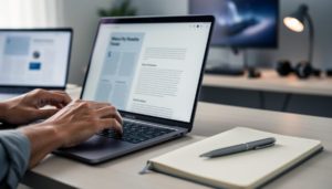 Founder typing on a laptop with a notebook and pen nearby in a modern home-office workspace, symbolizing the enduring value of written content.