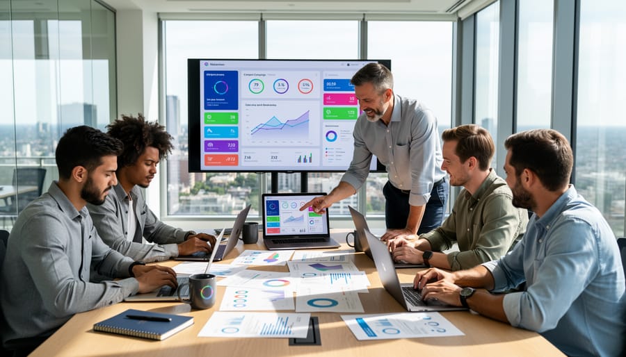 Team members collaborating in a modern office while reviewing marketing performance on a monitor