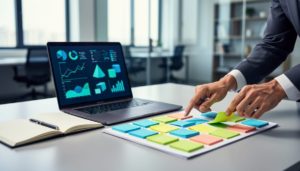 Two people collaborate over a laptop with abstract analytics and a marketing planning board on a modern office desk, representing B2B marketing consulting strategy.