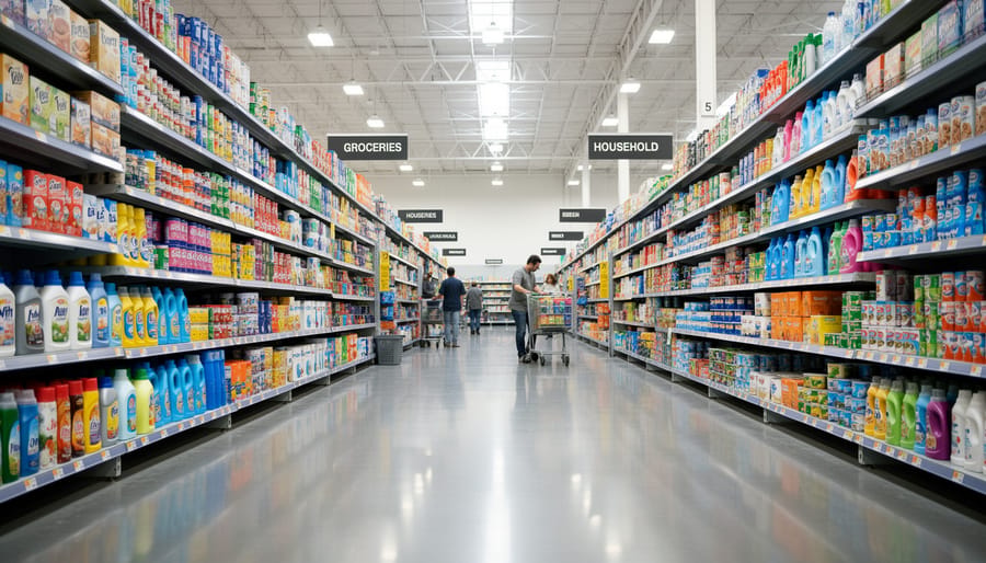 Wide view of a big-box store aisle with towering shelves and a shopping cart in the foreground.
