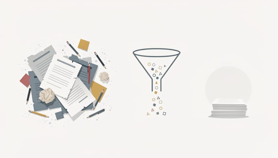 Crumpled printed pages and discarded notes on a desk symbolizing poor writing outcomes
