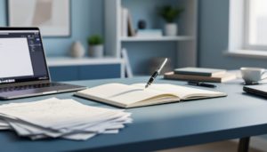 A startup founder writes in an open notebook at a desk with draft papers nearby, representing turning ideas into clear written content.