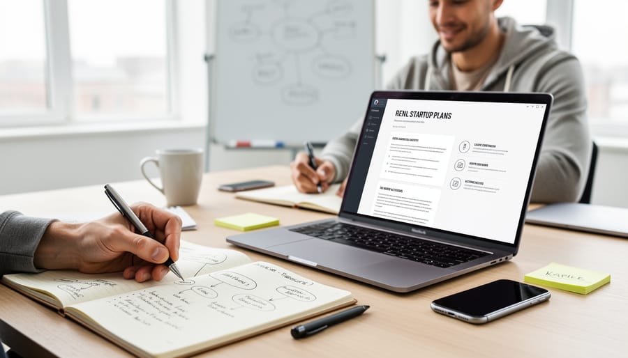 Startup founder writing notes at a desk beside a laptop and coffee mug