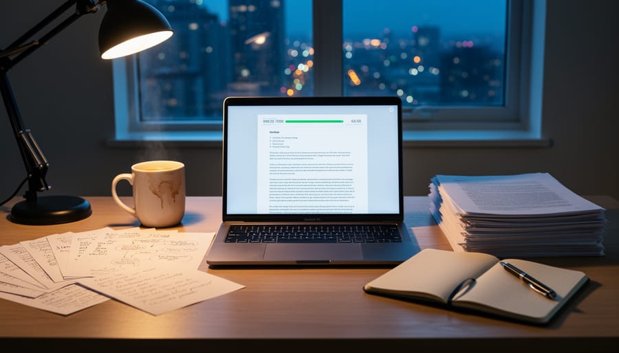Laptop and notebooks on a desk lit by a warm lamp at night with a softly lit background