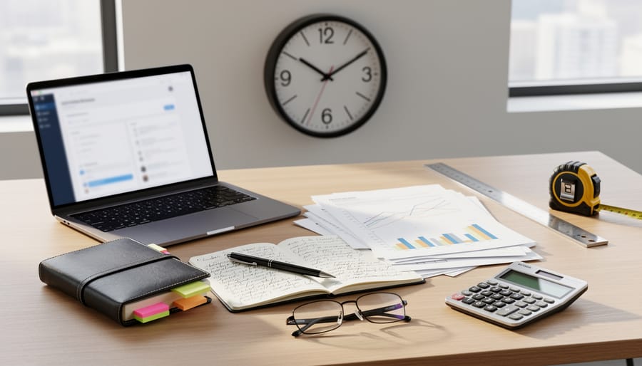 Close-up of a marketing consultant desk with documents and a laptop showing abstract, unreadable visuals