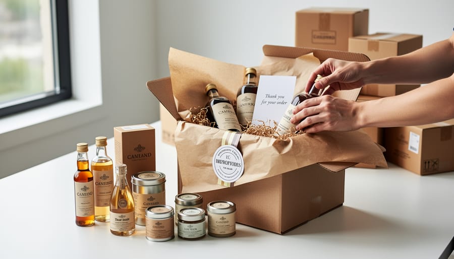 Hands packing premium imported bottles into padded boxes in a modern fulfillment area.