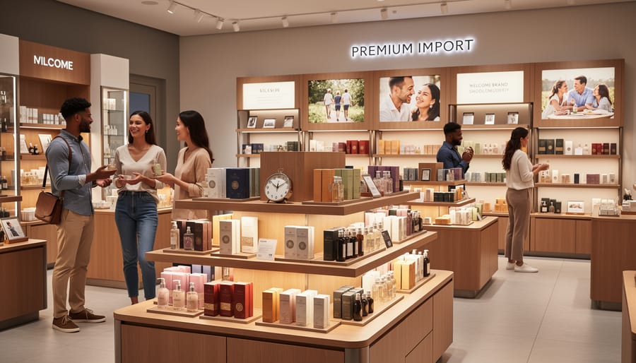Customer browsing a premium imported brand display in a small specialty retail space.