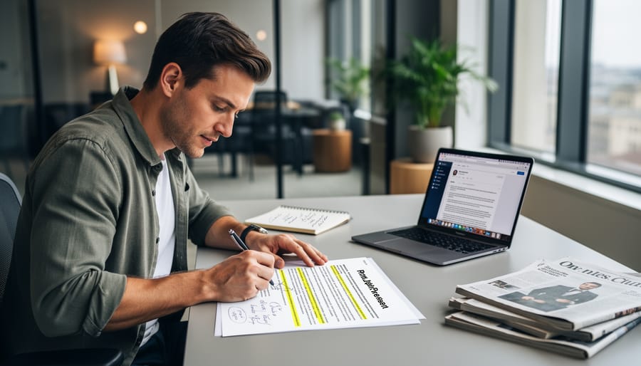 Startup founder holding a printed PR writing draft in an office