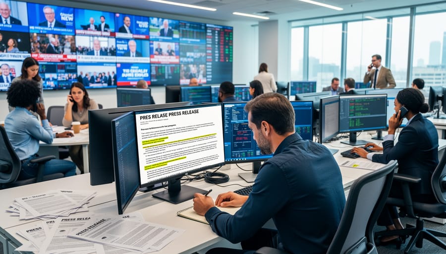 Blurred newsroom environment with desk lamp and papers in the foreground