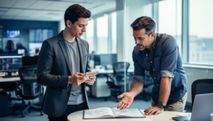 A startup founder and a journalist discuss PR story ideas in a modern newsroom with softly blurred desks and laptops in the background.